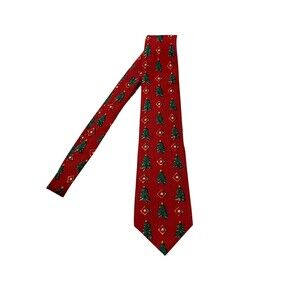 Lands End Silk Tie Christmas Tree Red Long 63” Made In USA